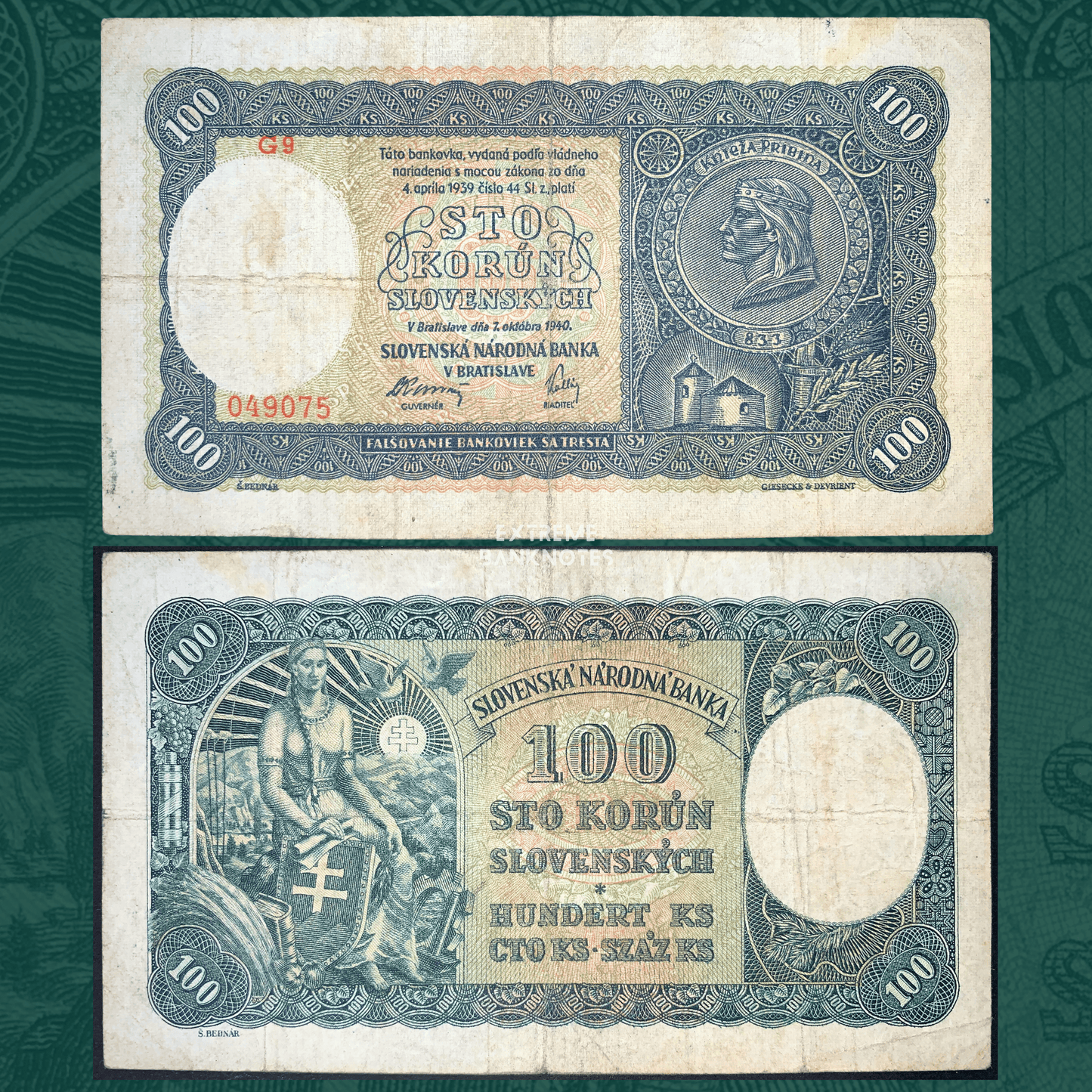 Front and back of Slovakia 100 Korún 1940 banknote (P-10), featuring Prince Pribina in an ornate medallion on the obverse and an allegorical female figure holding a Slovak shield on the reverse. Historic World War II-era Slovak currency with intricate engraving, decorative borders, and multilingual denomination inscriptions.