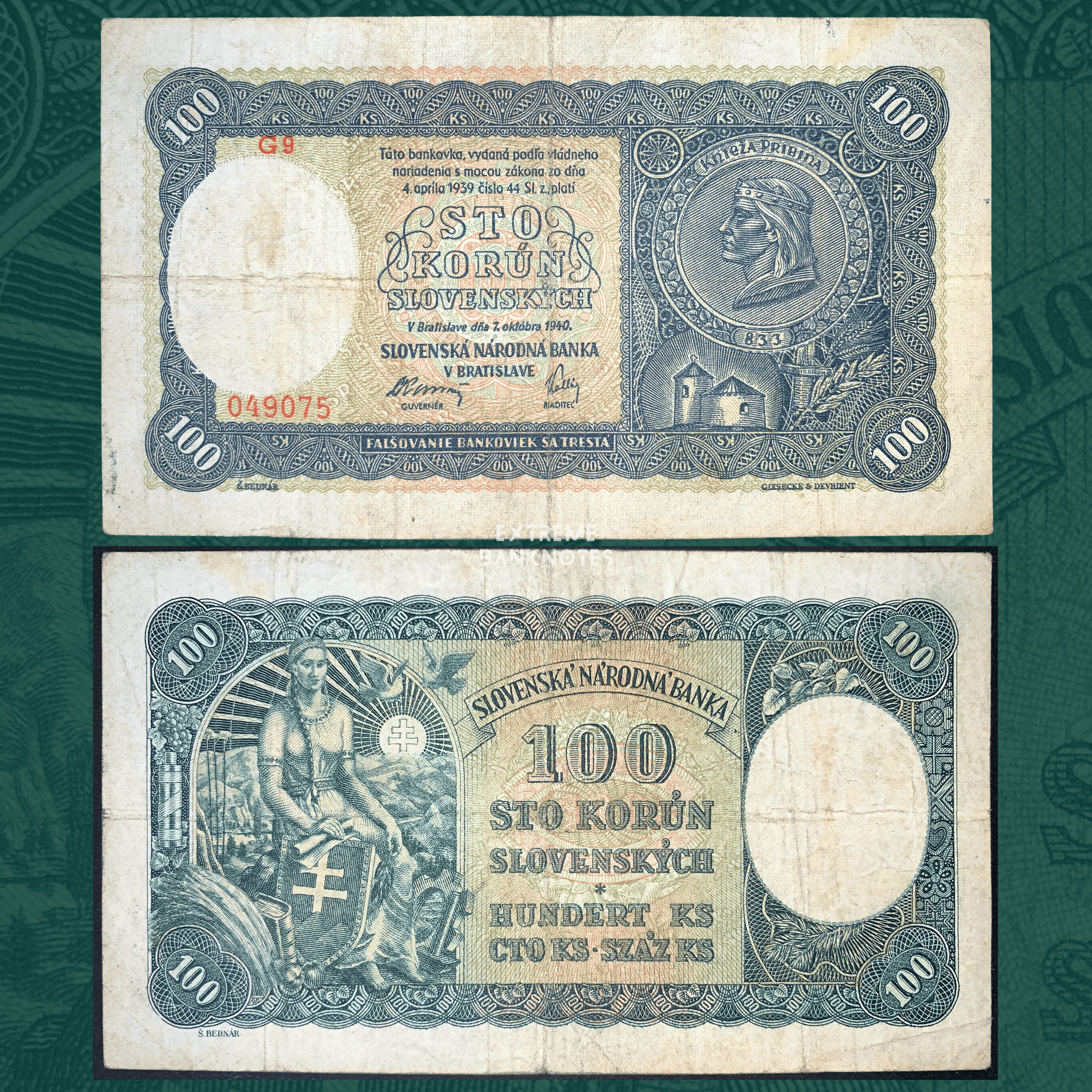 Front and back of Slovakia 100 Korún 1940 banknote (P-10), featuring Prince Pribina in an ornate medallion on the obverse and an allegorical female figure holding a Slovak shield on the reverse. Historic World War II-era Slovak currency with intricate engraving, decorative borders, and multilingual denomination inscriptions.