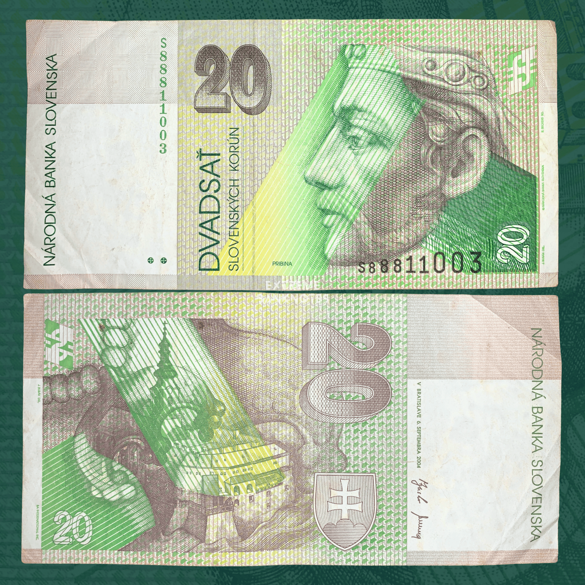 Front and reverse views of a Slovakia 20 Korún banknote (P-20), issued by Národná Banka Slovenska between 1993 and 2004. The obverse features Prince Pribina wearing a ceremonial helmet, with green, yellow, and brown guilloche patterns, denomination numerals, and serial number S88811003. The reverse depicts historical architecture associated with Nitra, including a church and castle complex, alongside the Slovak coat of arms. The circulated note shows visible folds, creases, and light handling wear. Actual s