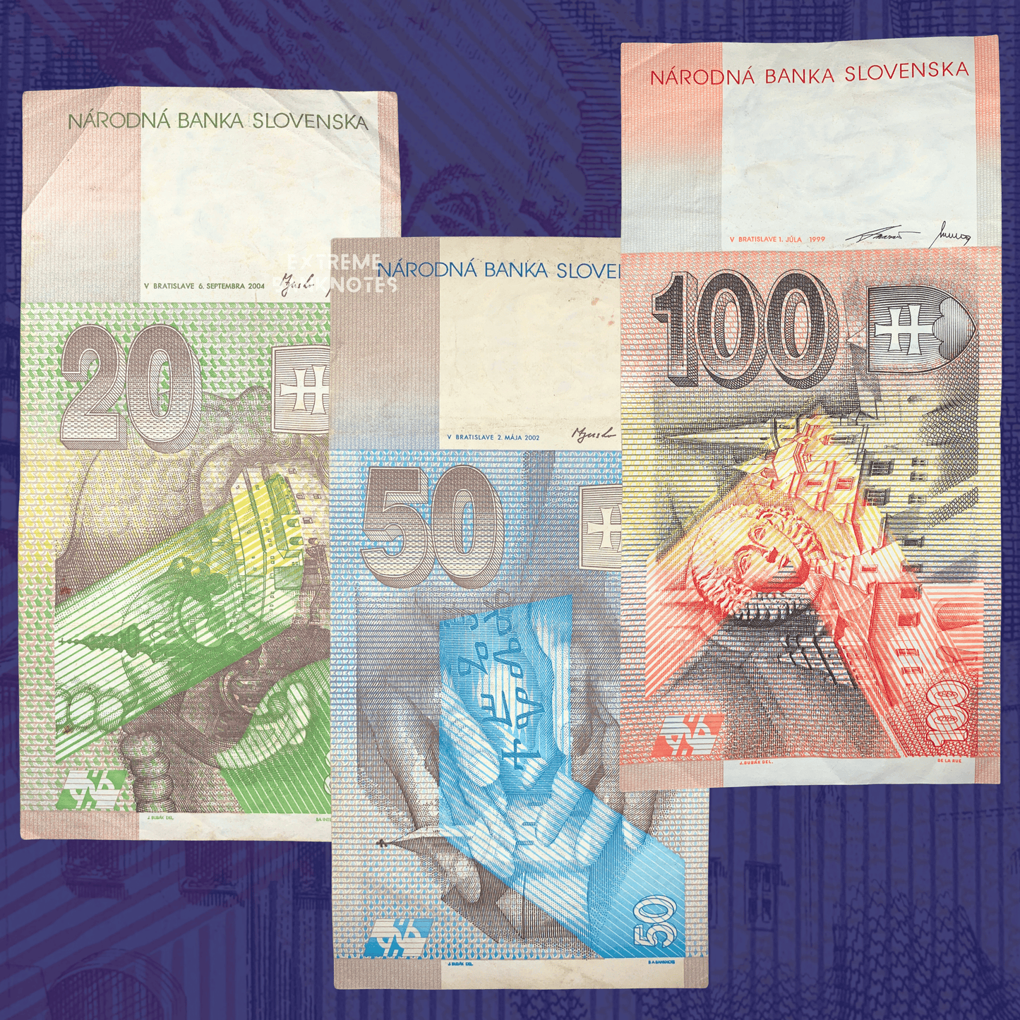 Reverse side of an authentic Slovakia koruna banknote set featuring architectural landmarks, religious symbolism, medieval artwork, and cultural motifs. Includes the 20, 50, and 100 korún notes issued by Národná banka Slovenska before Slovakia adopted the euro.