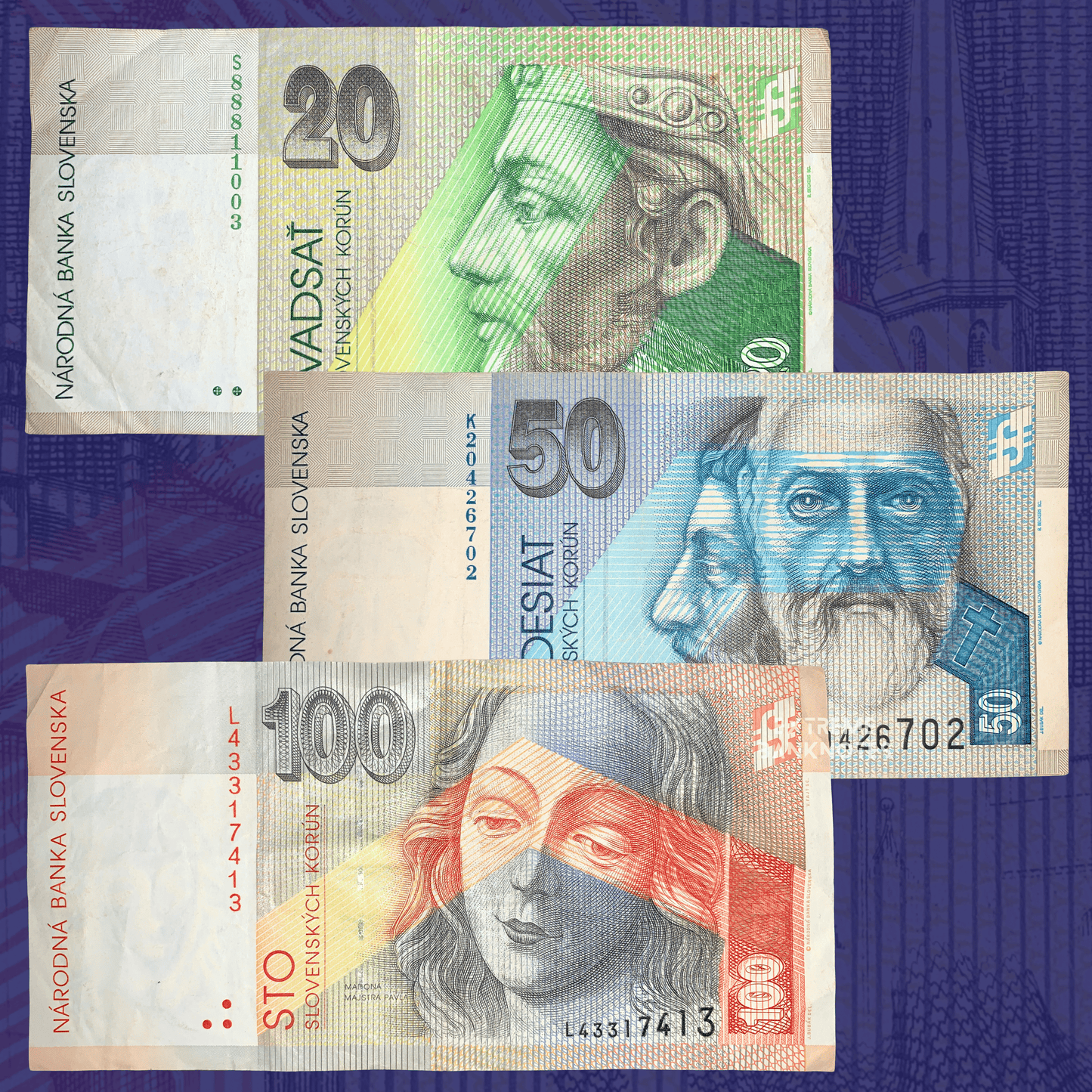 Collection of authentic Slovak koruna banknotes featuring 20, 50, and 100 korún denominations. The notes display portraits of important Slovak historical figures including Prince Pribina, Saints Cyril and Methodius, and Madonna by Master Paul, with colorful security designs and detailed engravings.