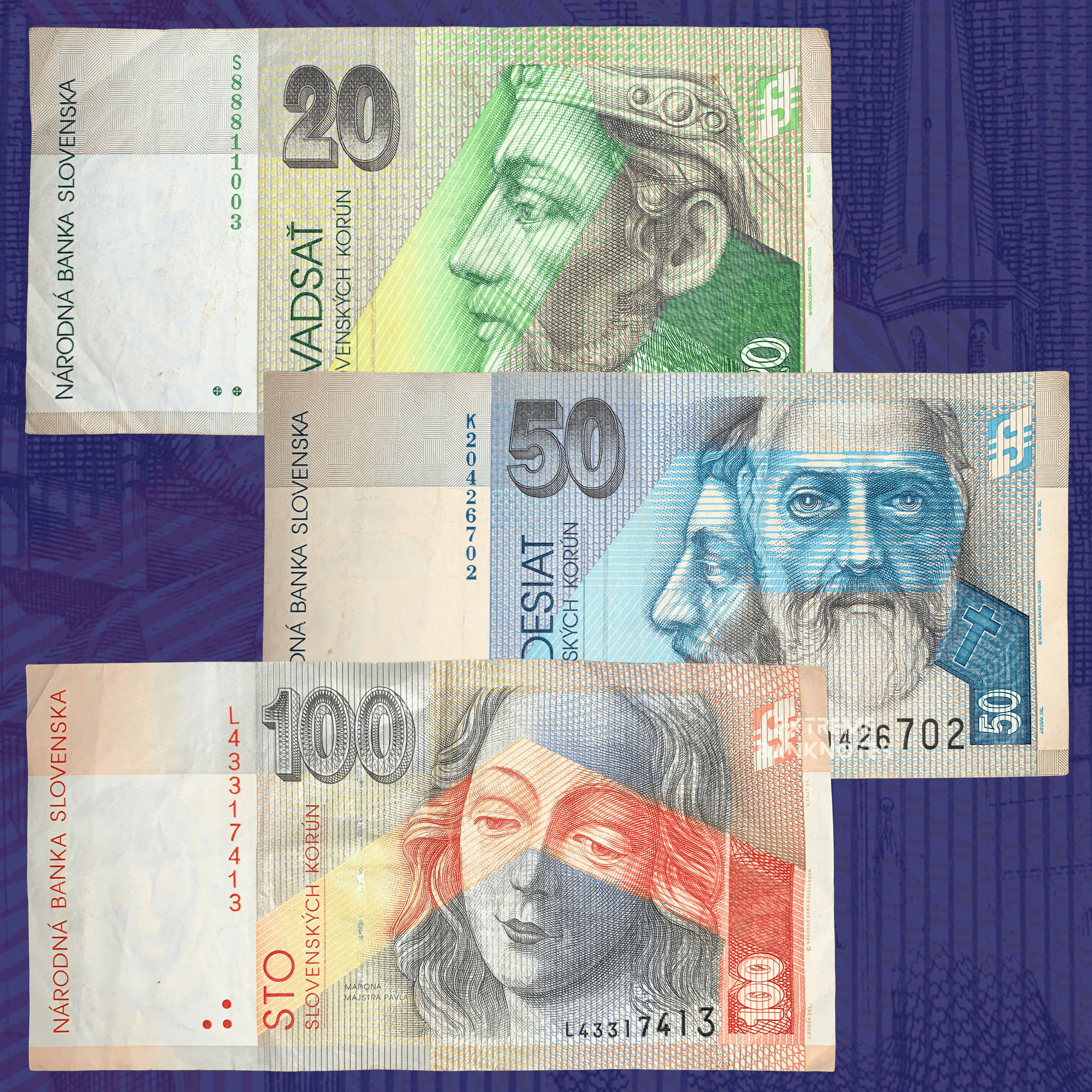 Collection of authentic Slovak koruna banknotes featuring 20, 50, and 100 korún denominations. The notes display portraits of important Slovak historical figures including Prince Pribina, Saints Cyril and Methodius, and Madonna by Master Paul, with colorful security designs and detailed engravings.