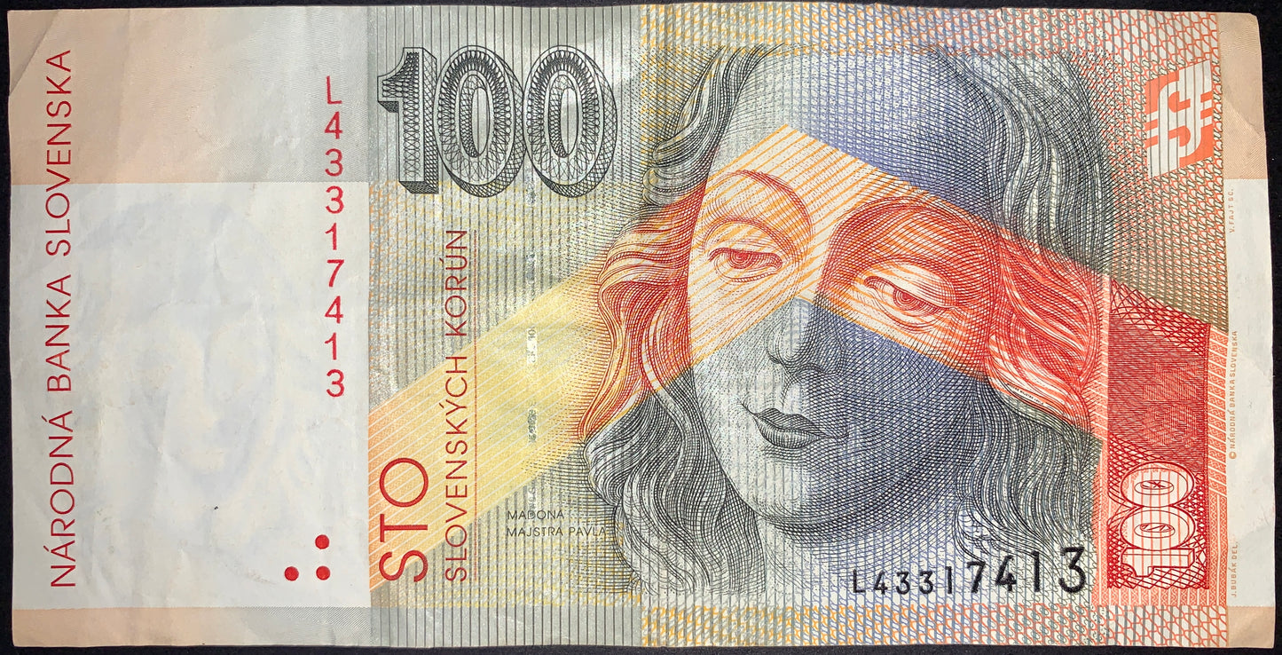 Authentic Slovakia 100 korún banknote featuring the Madonna by Master Paul of Levoča, one of Slovakia’s most celebrated Gothic artworks. Multicolored design with intricate linework, security features, and denomination markings.