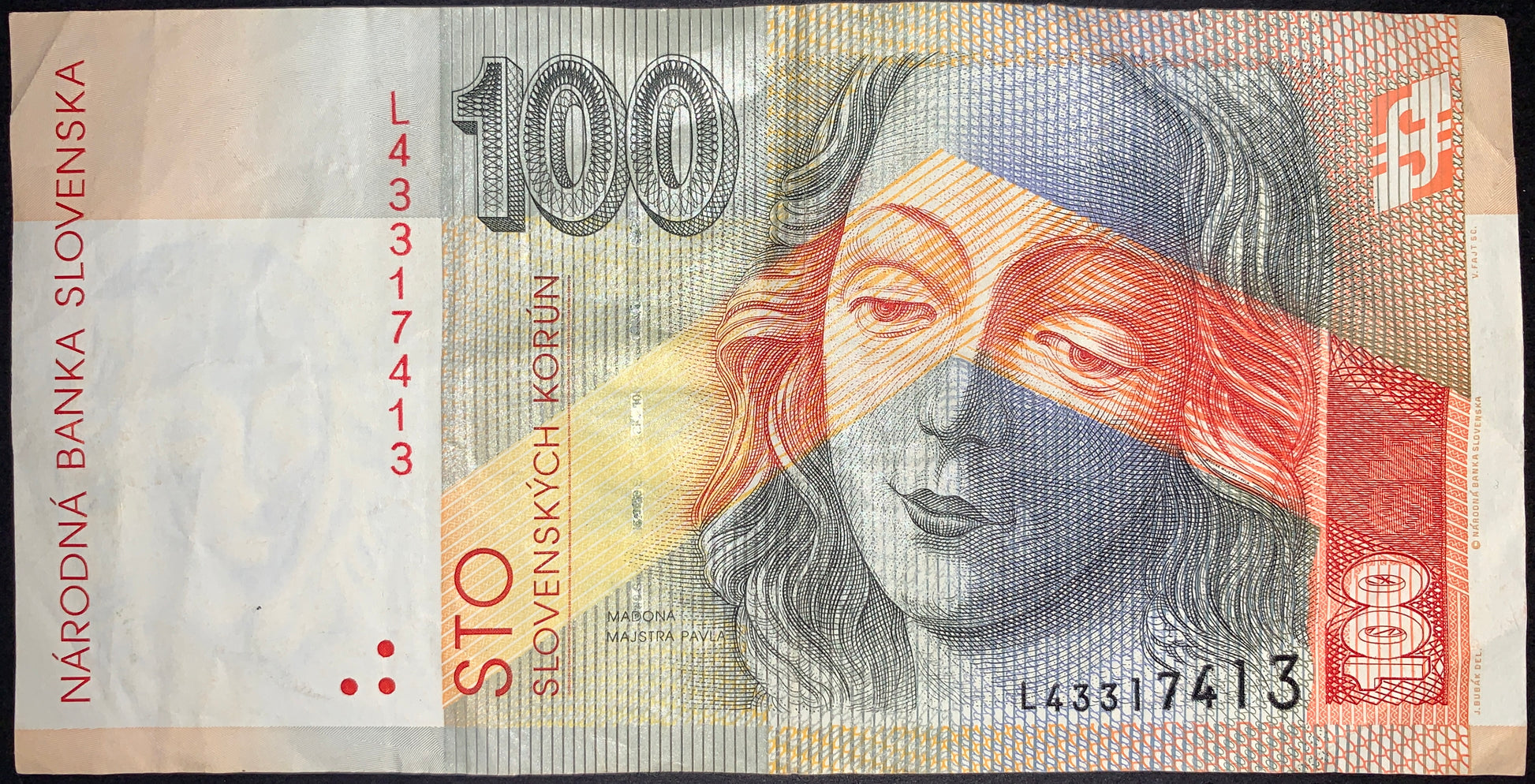 Authentic Slovakia 100 korún banknote featuring the Madonna by Master Paul of Levoča, one of Slovakia’s most celebrated Gothic artworks. Multicolored design with intricate linework, security features, and denomination markings.