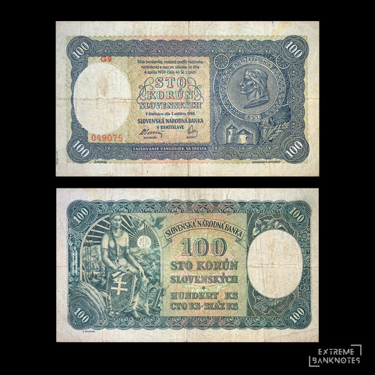 Front and back of Slovakia 100 Korún 1940 banknote (P-10), featuring Prince Pribina in an ornate medallion on the obverse and an allegorical female figure holding a Slovak shield on the reverse. Historic World War II-era Slovak currency with intricate engraving, decorative borders, and multilingual denomination inscriptions.