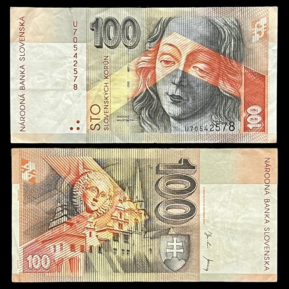 Slovakia 100 Korún 2001 P-25d VF banknote – front with the Gothic Madonna of Master Paul of Levoča, back with St. James’s Basilica in Levoča