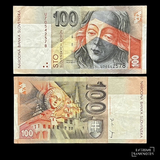 Slovakia 100 Korún 2001 P-25d VF banknote – front with the Gothic Madonna of Master Paul of Levoča, back with St. James’s Basilica in Levoča