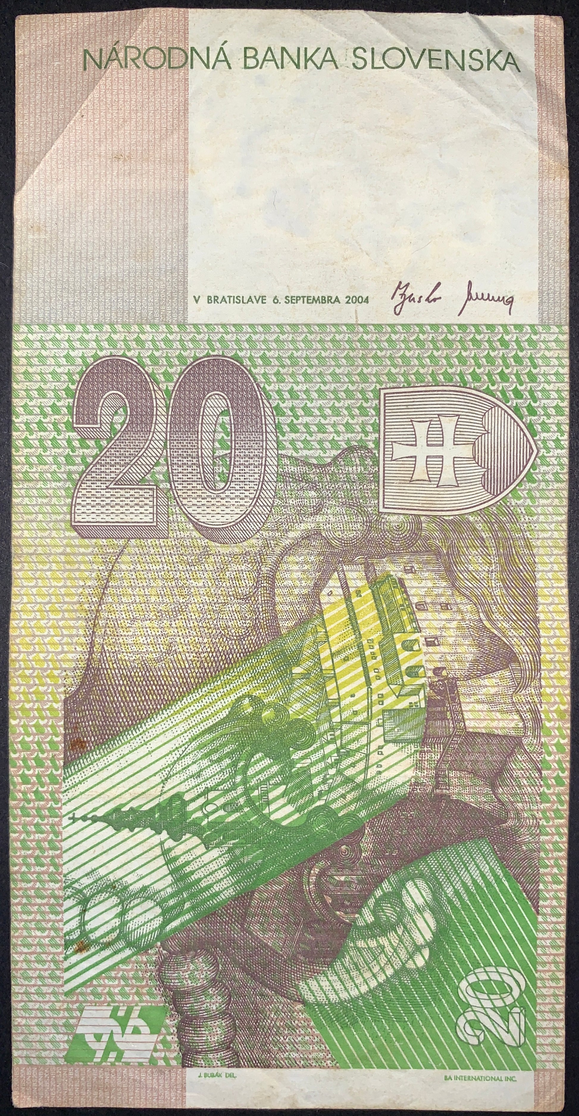 Reverse of the Slovak 20 korún note depicting historical and architectural motifs connected to Prince Pribina and early Slovak heritage. Features detailed engraving, denomination markings, and official National Bank of Slovakia design elements.