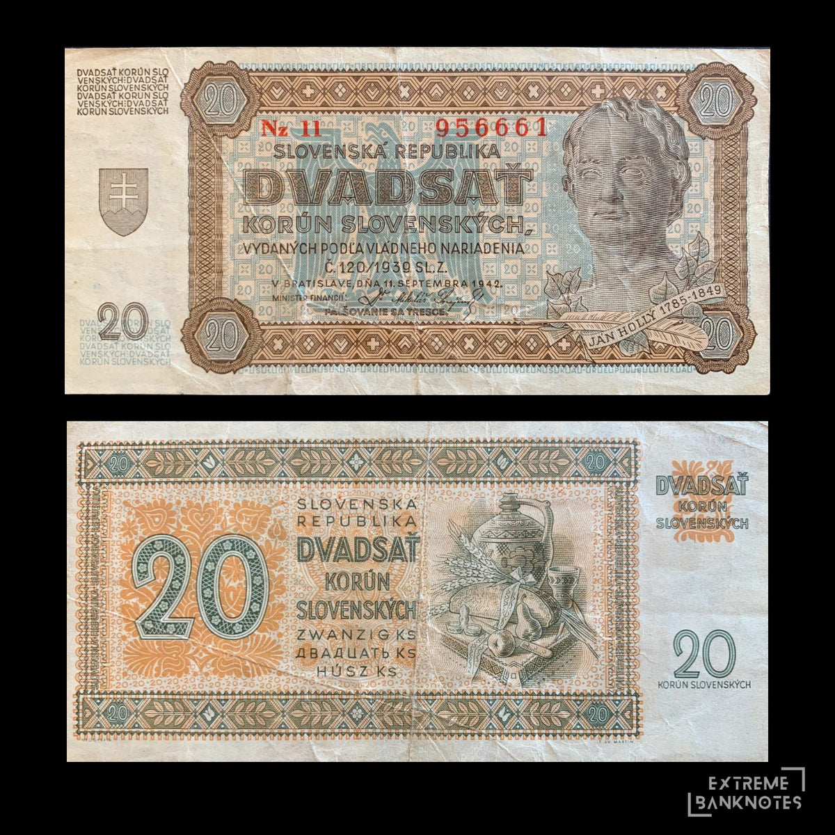 Slovakia 20 Korún 1942 P-7 VF – front and back