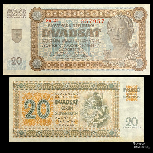 Slovakia 20 Korun 1942 P-7a VF banknote – front with poet Ján Hollý, back with a still life of bread, salt and fruit
