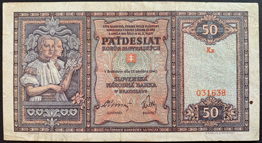 front of Slovakia 50 Korún 1940 P-9 VF collectible vintage banknote with girls holding wheat and coat of arms