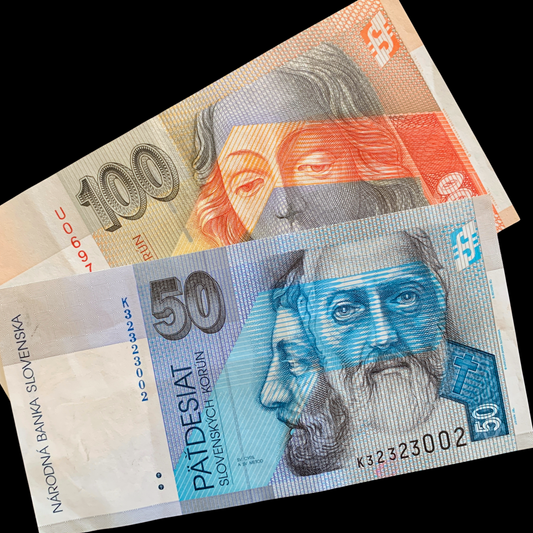 Pair of slovakian 50 and 100 Korún banknotes on black background