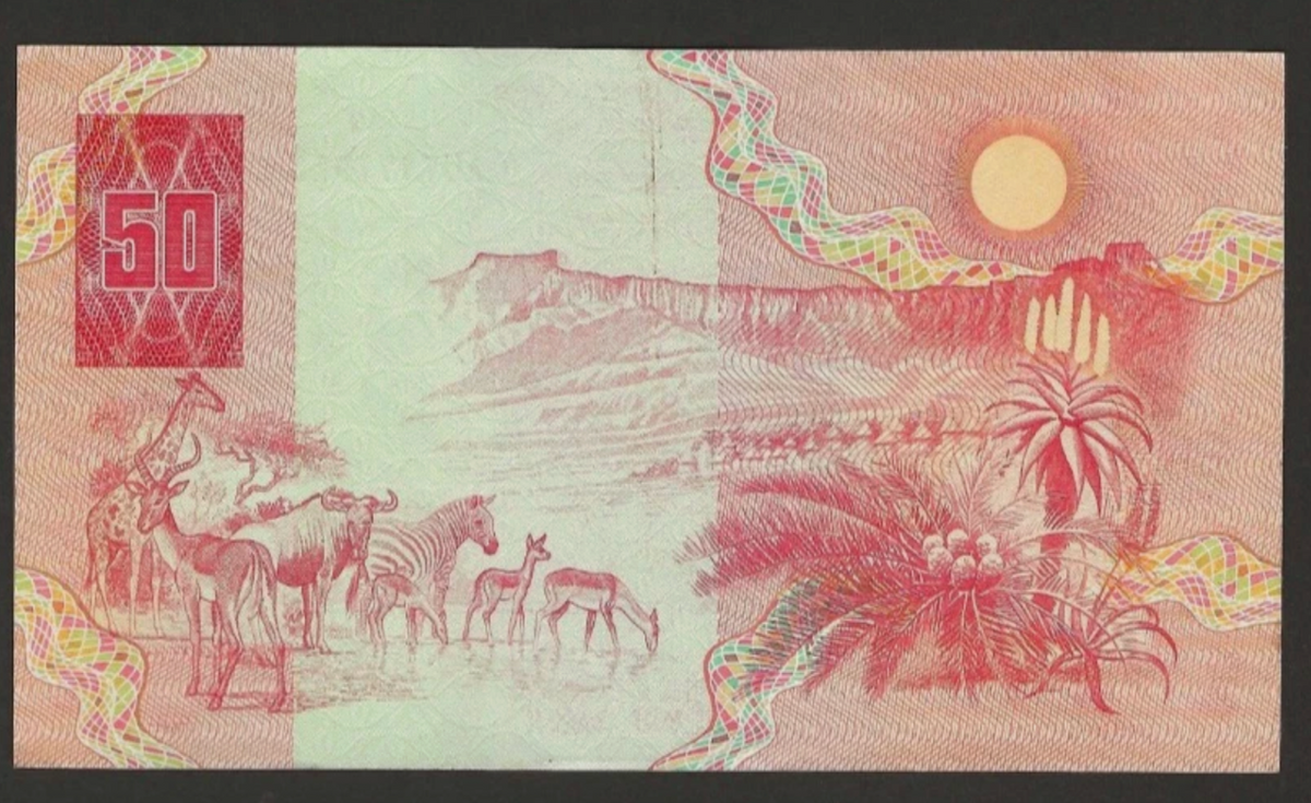 Close-up of South African Reserve Bank 50 Rand P-122a featuring de Kock signature