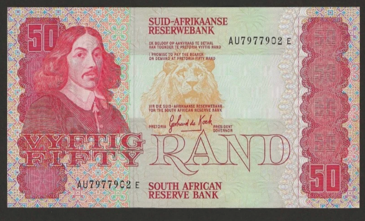 Reverse of South Africa 50 Rand 1984 P-122a showing wildlife and mountains
