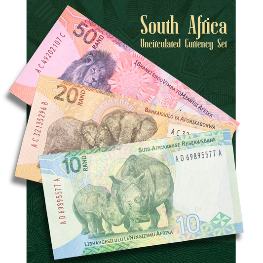 bundle of modern uncirculated South African banknotew featuring elephants, rhinos, and lions