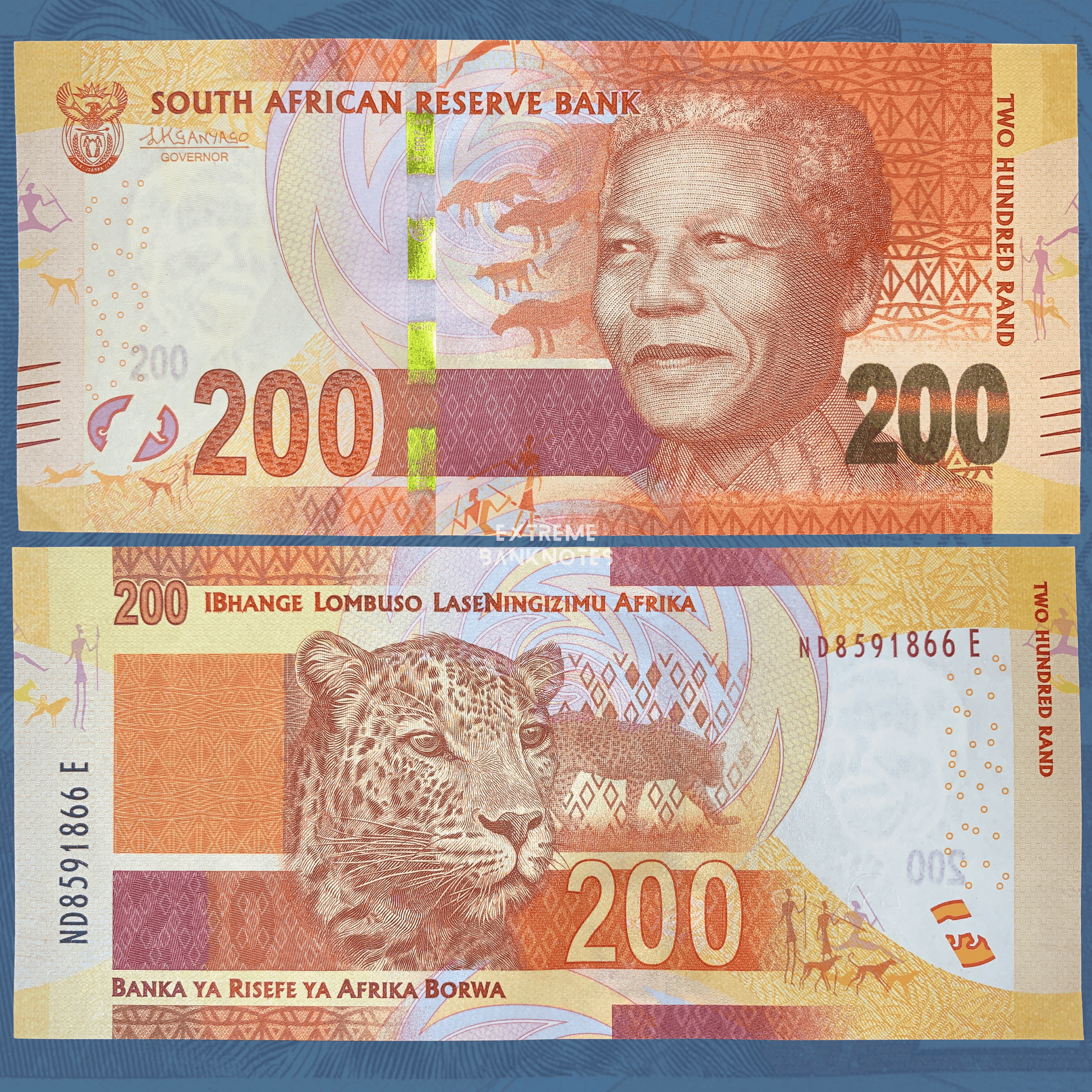 Front and back of South Africa 200 Rand banknote featuring Nelson Mandela on the obverse and a leopard on the reverse. The note displays vibrant orange, gold, and purple security printing, multilingual inscriptions from the South African Reserve Bank, holographic security strip, wildlife motifs, and geometric patterns. Crisp modern banknote shown in full with both sides.