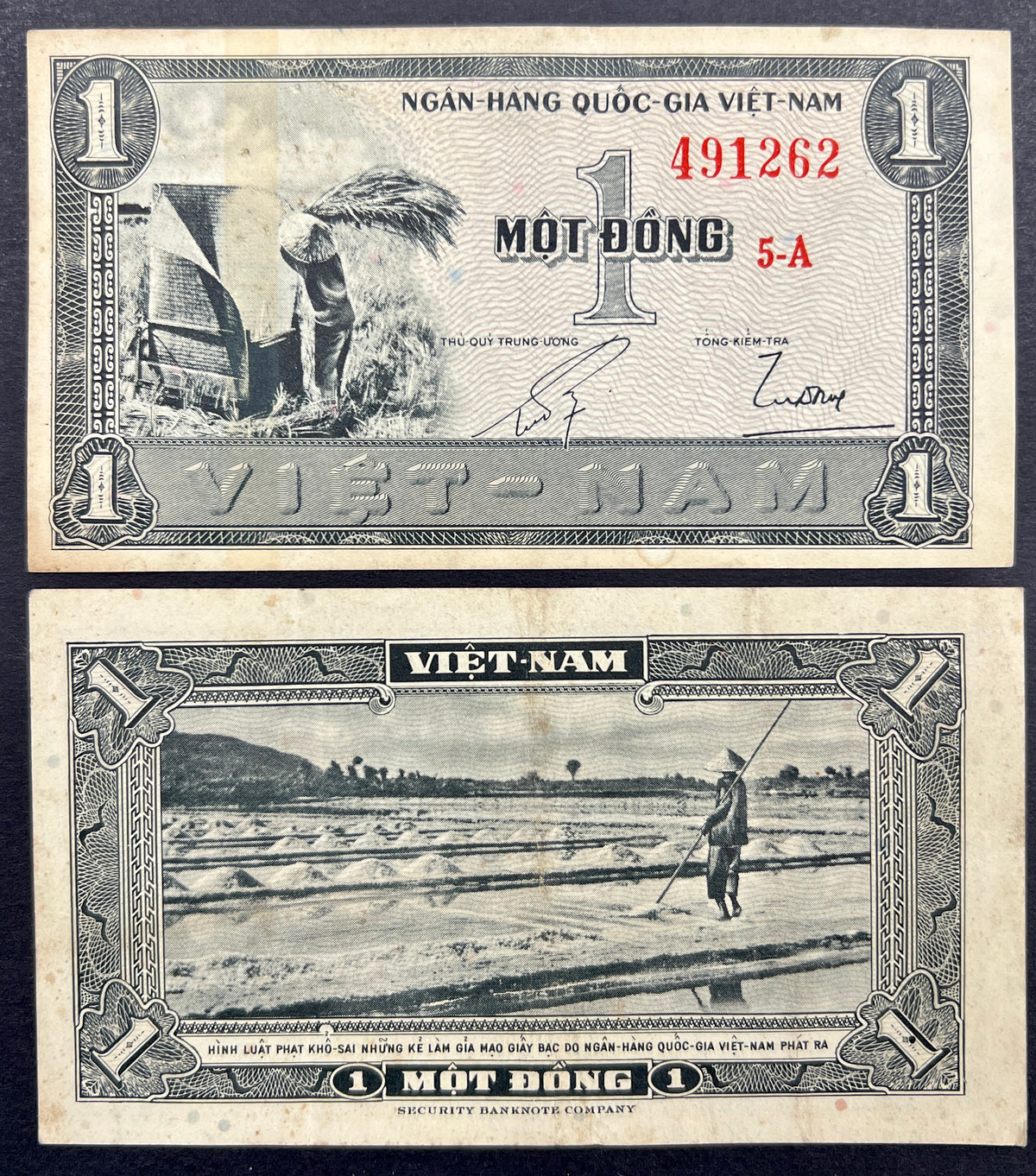 Front view of a circulated 1955 South Vietnam 1 Dong banknote featuring a vintage engraving of a farmer harvesting rice in a field. Back view of a vintage 1955 South Vietnam 1 Dong banknote showcasing a traditional scene of a farmer working in a coastal salt field.