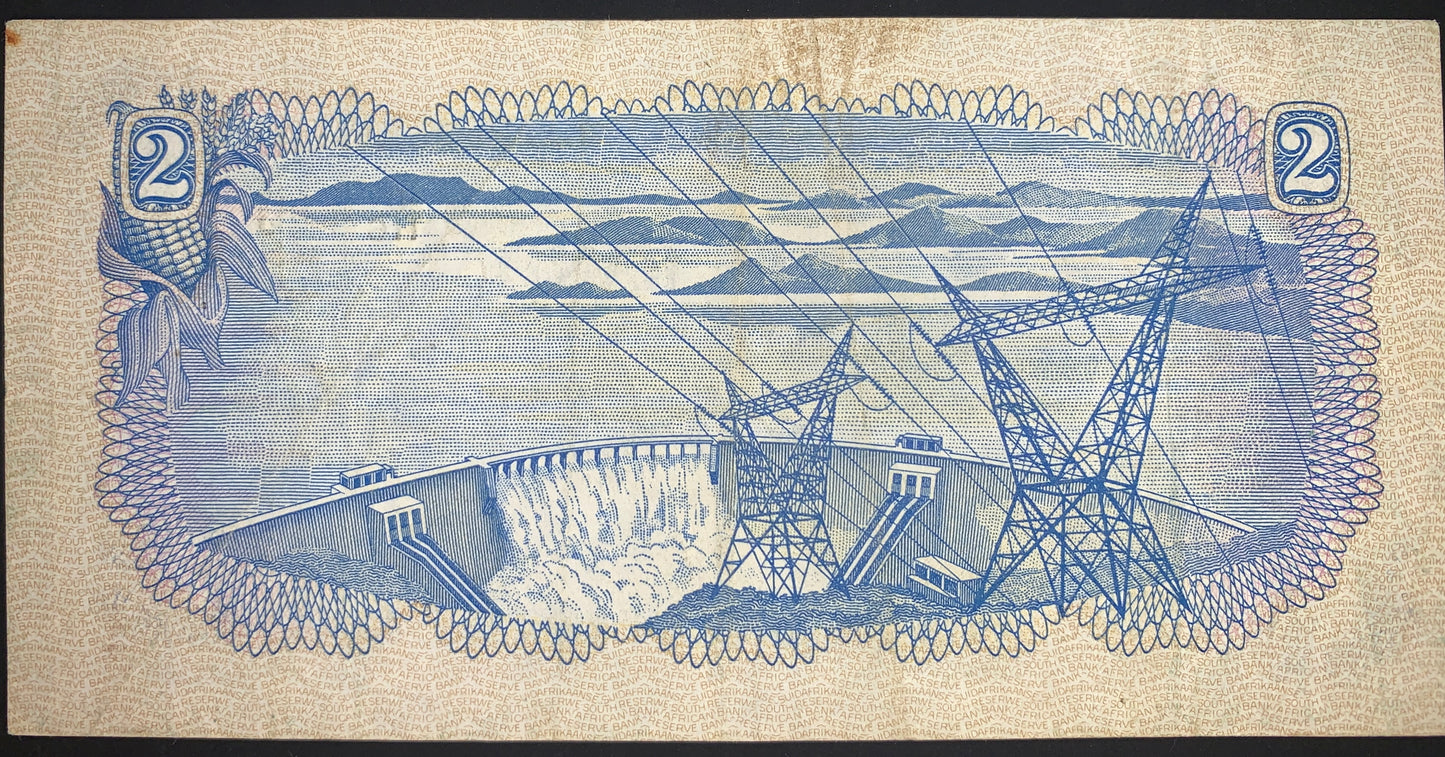 South Africa 2 Rand ND (1974) P-117a VF collectible vintage african currency with Gariep dam with the hydroelectric generation