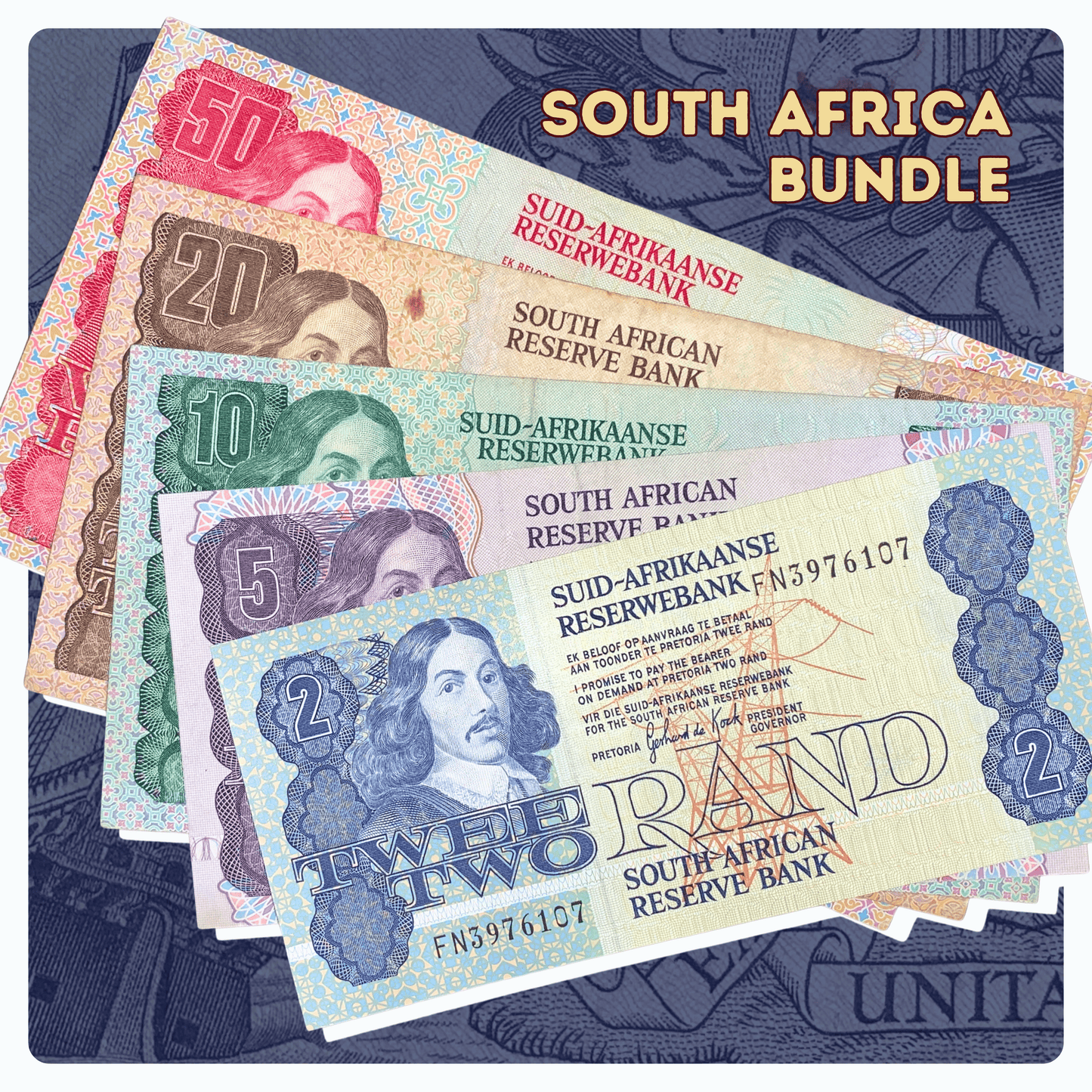 bundle of five South African banknotes