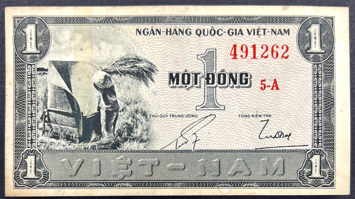 Front view of a circulated 1955 South Vietnam 1 Dong banknote featuring a vintage engraving of a farmer harvesting rice in a field.
