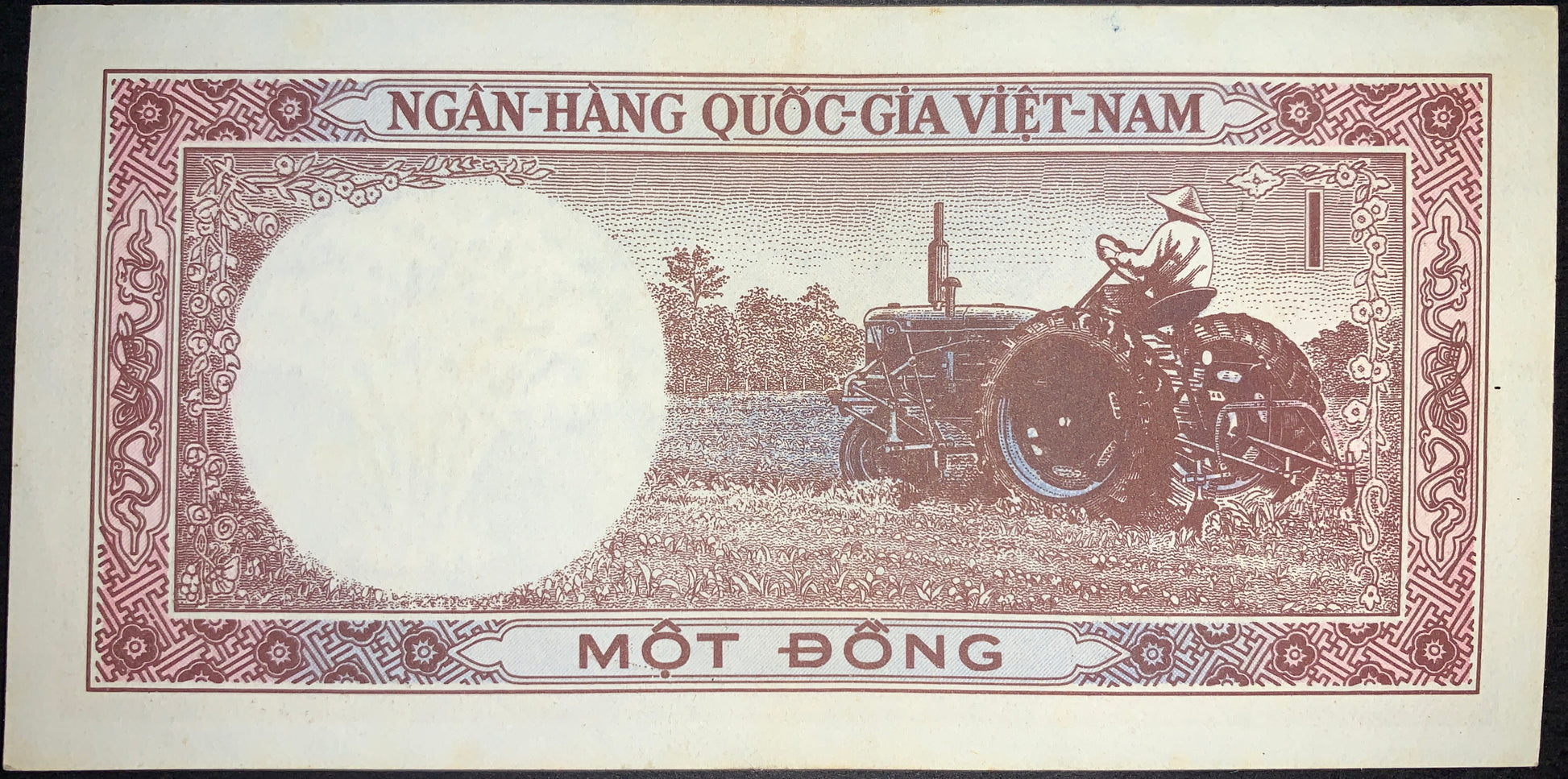 South Vietnam 1 Đồng 1964 P-15 banknote reverse with farmer and tractor