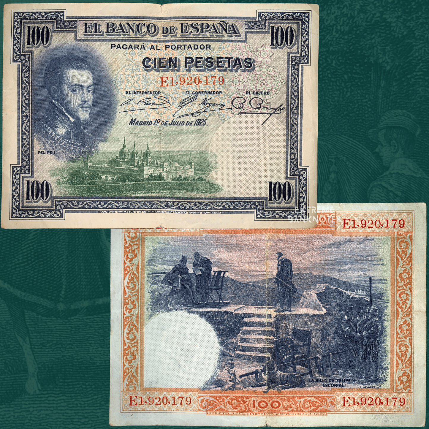 Front and back of Spain 100 Pesetas banknote dated 1 July 1925 (P-69c), featuring a portrait of King Philip II and a view of the Royal Monastery of El Escorial on the obverse. The reverse illustrates La Silla de Felipe II with figures in a historic landscape. Intricate multicolor engraving with ornate decorative borders.