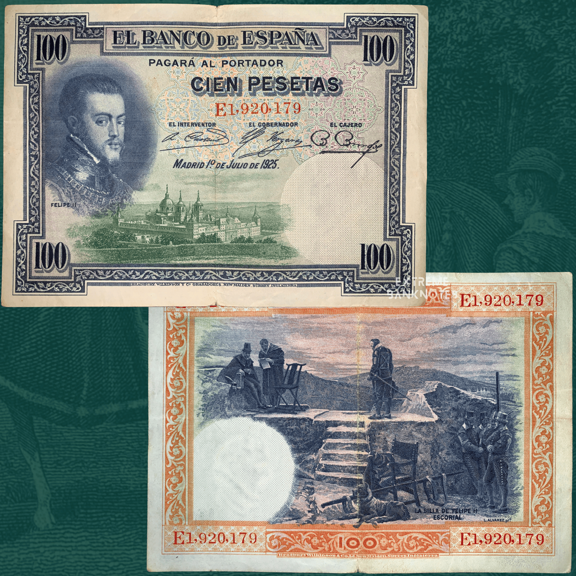 Front and back of Spain 100 Pesetas banknote dated 1 July 1925 (P-69c), featuring a portrait of King Philip II and a view of the Royal Monastery of El Escorial on the obverse. The reverse illustrates La Silla de Felipe II with figures in a historic landscape. Intricate multicolor engraving with ornate decorative borders.