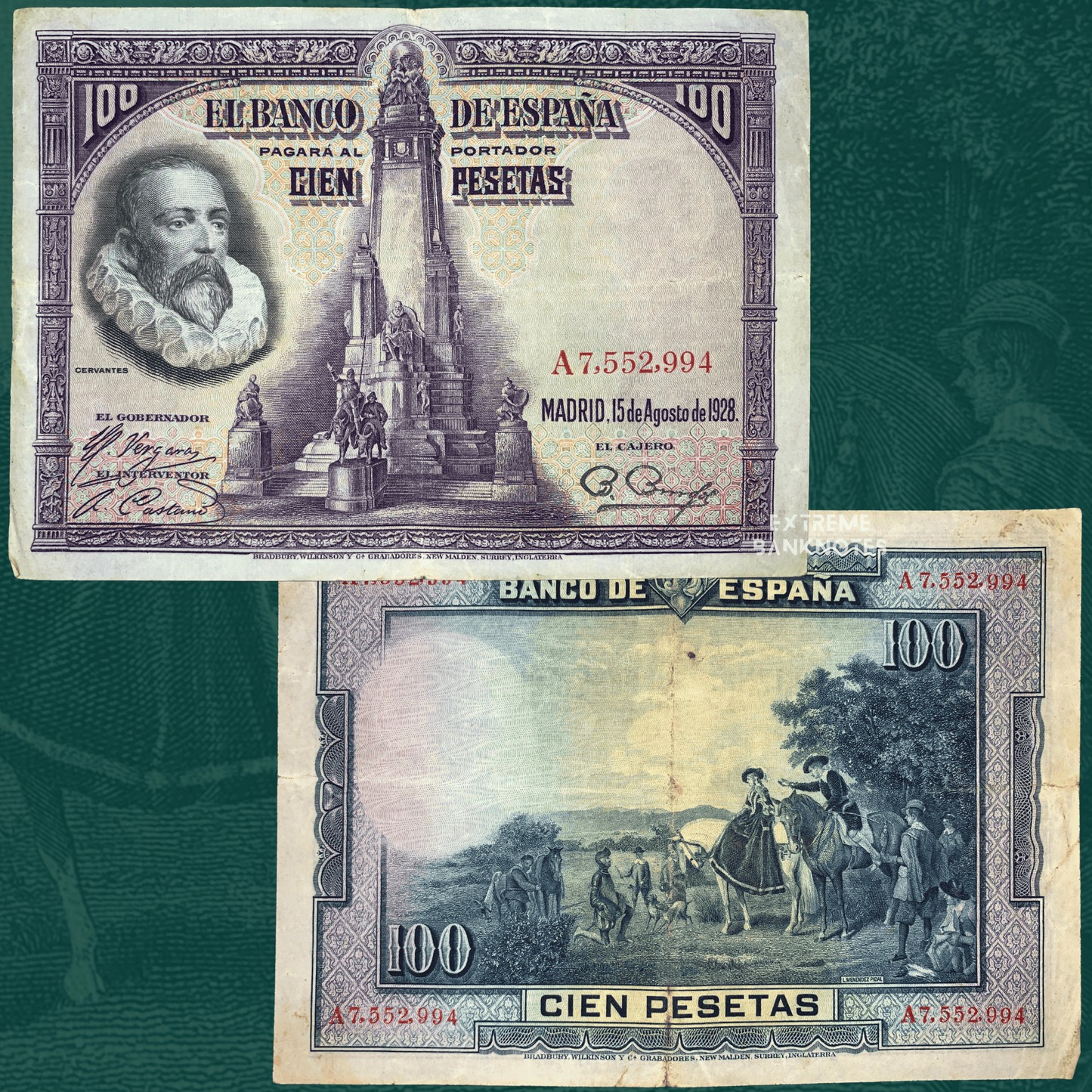 Front and back of Spain 100 Pesetas banknote dated 15 August 1928 (P-76), featuring a portrait of Miguel de Cervantes and the Cervantes Monument in Madrid on the obverse. The reverse depicts an elegant countryside scene with horse riders and figures in traditional dress. Detailed Banco de España engraving in purple and blue tones.