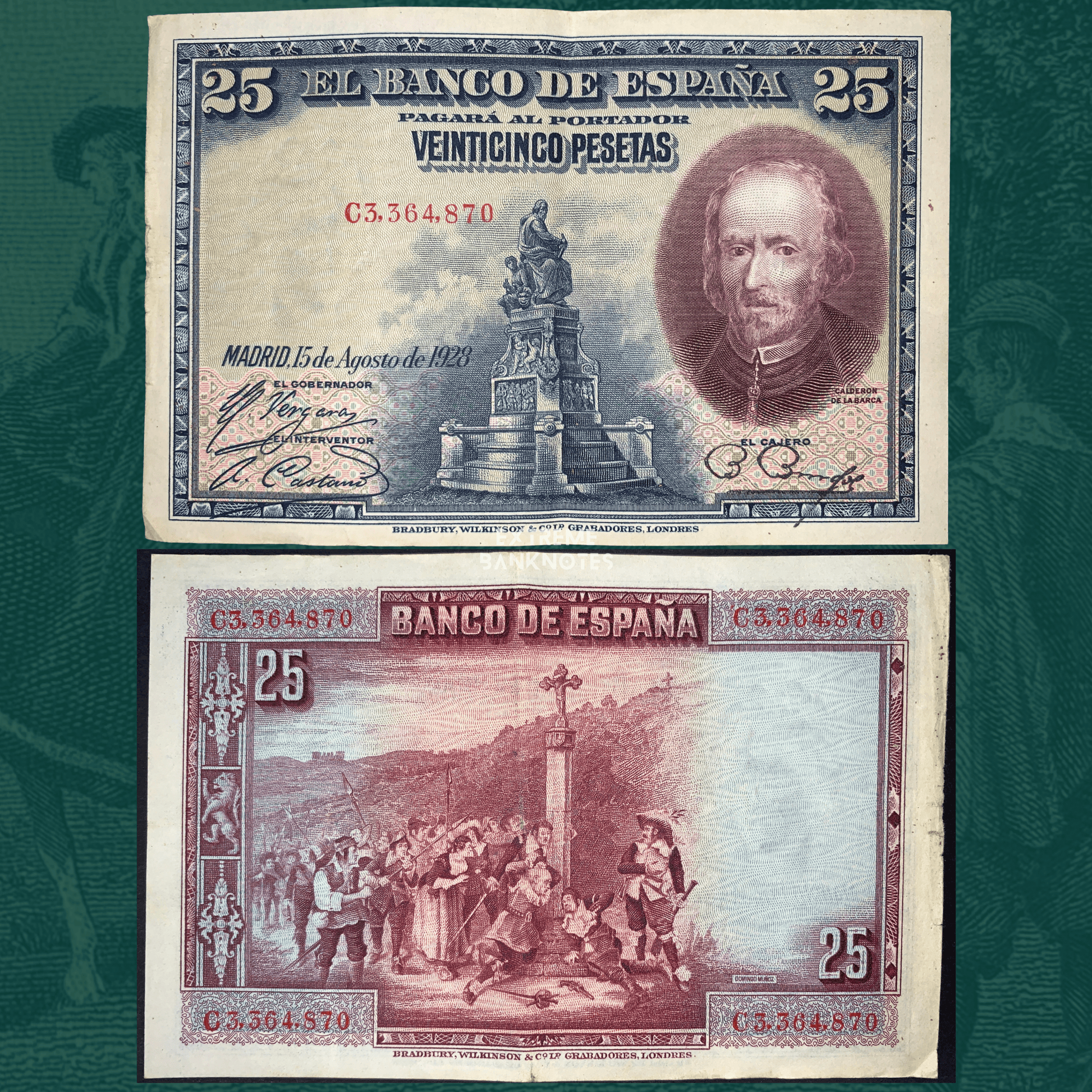 Front and back of Spain 25 Pesetas banknote dated 15 August 1928 (P-74), featuring a portrait of Fray Luis de León and a central monument on the obverse. The reverse depicts a historical scene with figures gathered around a stone cross in a rural landscape. Intricate Banco de España engraving in blue, brown, and purple tones.