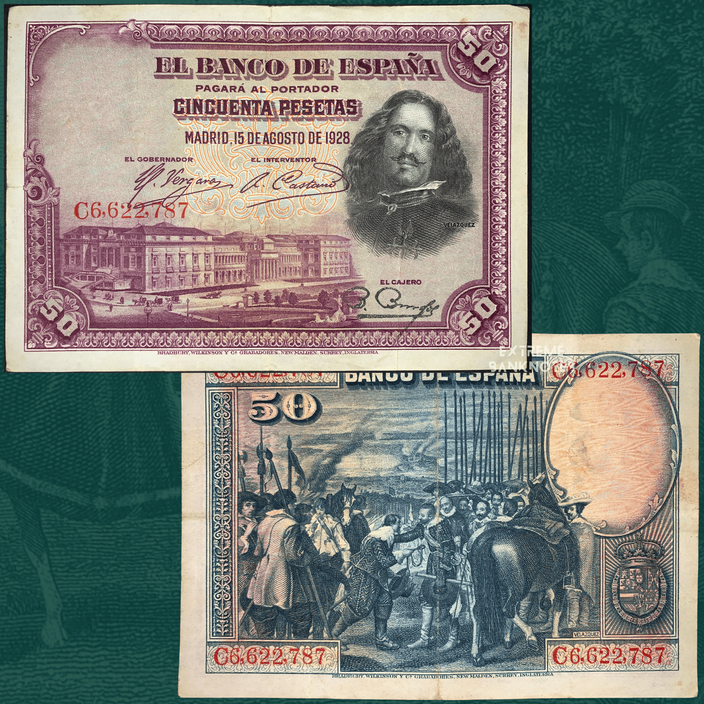 Front and back of Spain 50 Pesetas banknote dated 15 August 1928 (P-75), featuring a portrait of Diego Velázquez and architectural imagery on the obverse. The reverse shows a historical military scene with soldiers, horses, and period costumes inspired by Spanish Golden Age artwork. Finely engraved purple, blue, and red design.