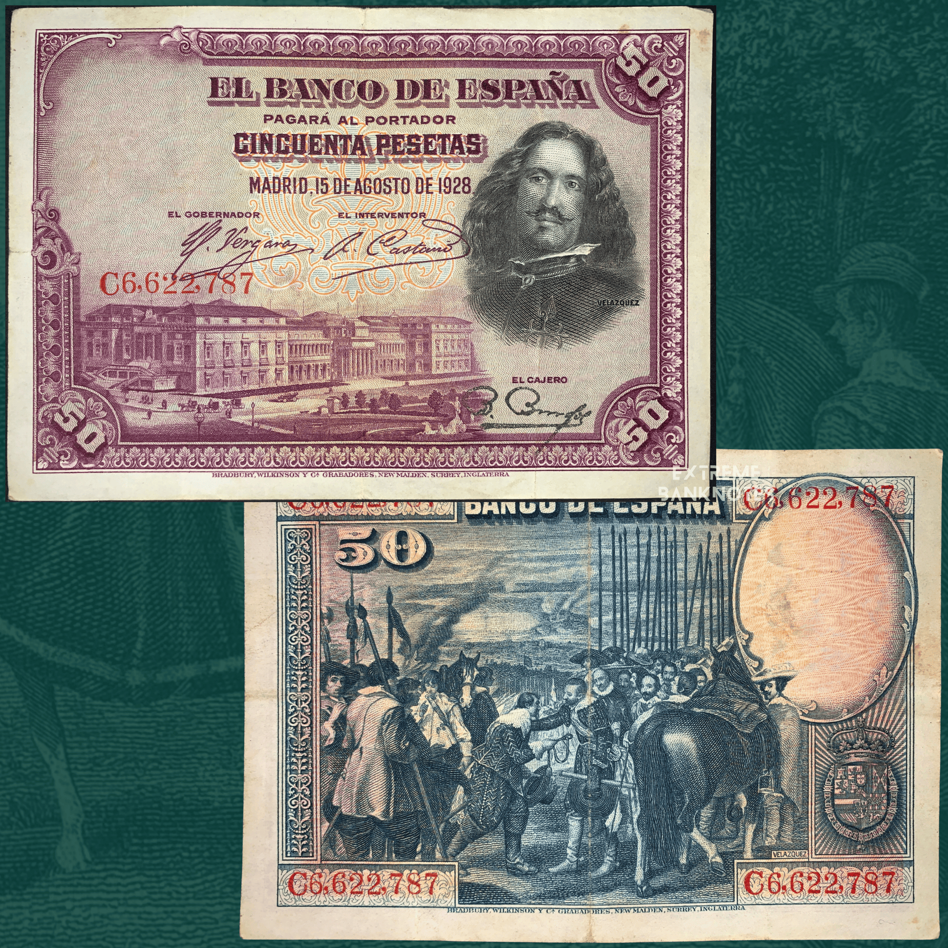 Front and back of Spain 50 Pesetas banknote dated 15 August 1928 (P-75), featuring a portrait of Diego Velázquez and architectural imagery on the obverse. The reverse shows a historical military scene with soldiers, horses, and period costumes inspired by Spanish Golden Age artwork. Finely engraved purple, blue, and red design.