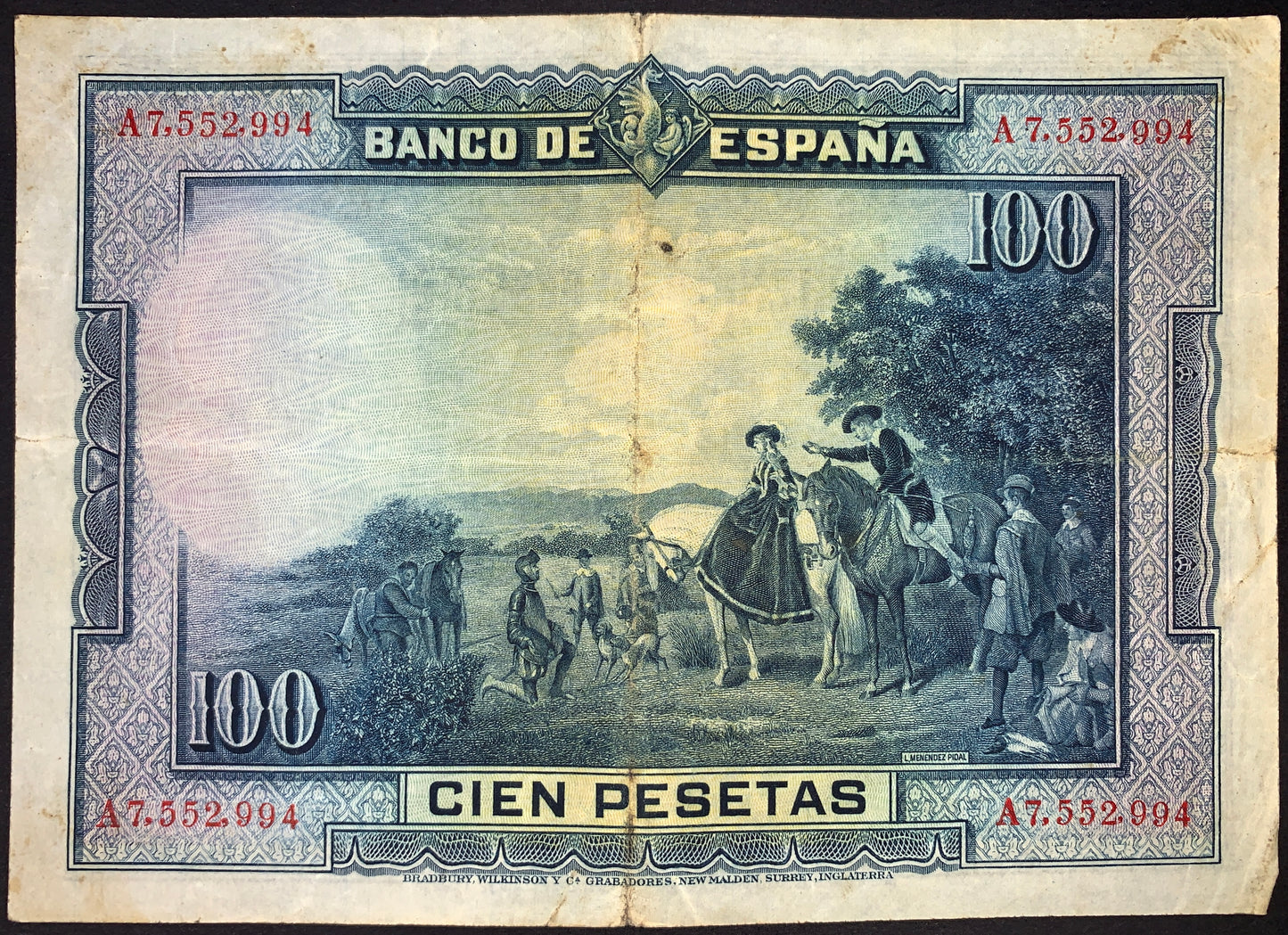 Reverse of Spain 100 Pesetas 1928 banknote (P-76) depicting an elegant countryside scene with horse riders, attendants, and figures in period dress. Finely engraved blue design representing Spain’s cultural and artistic heritage.