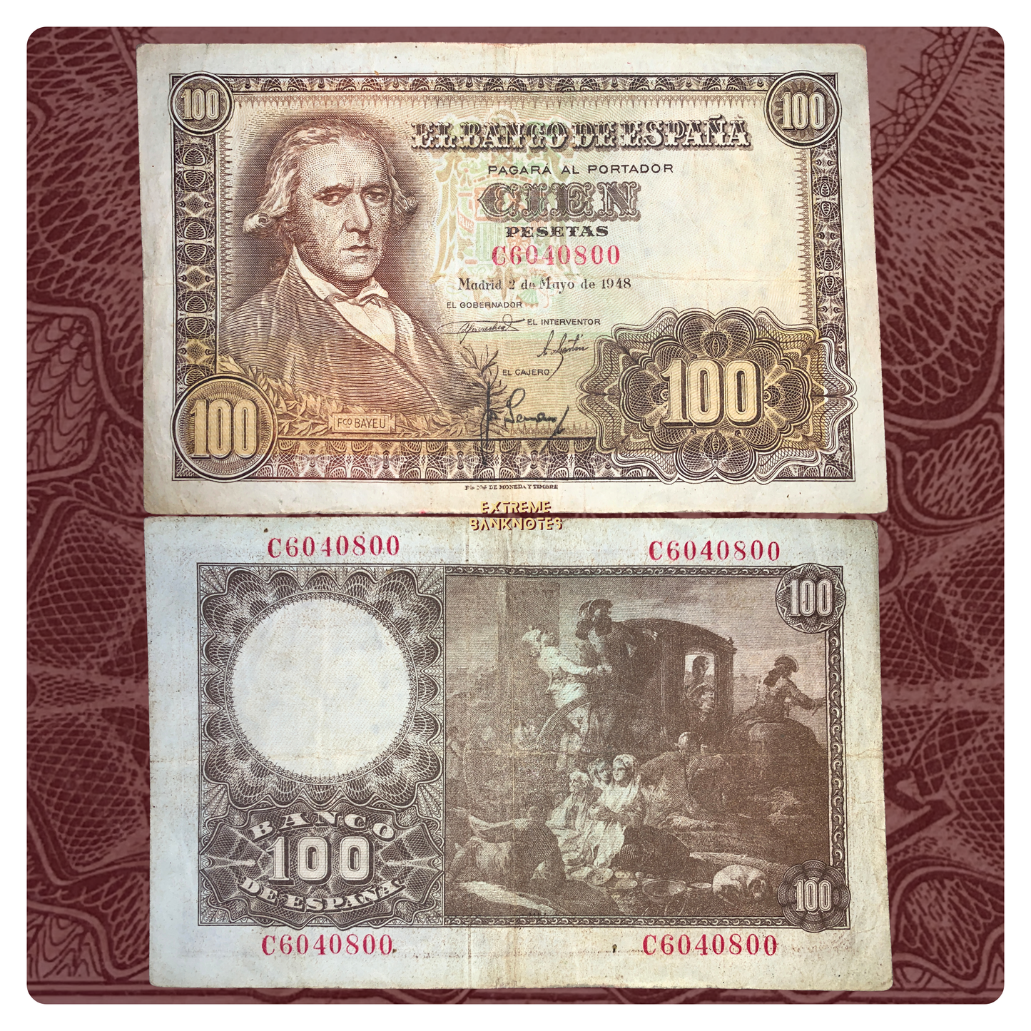 front and back of Spain 100 Pesetas 1948 P-137 F collectible vintage banknote