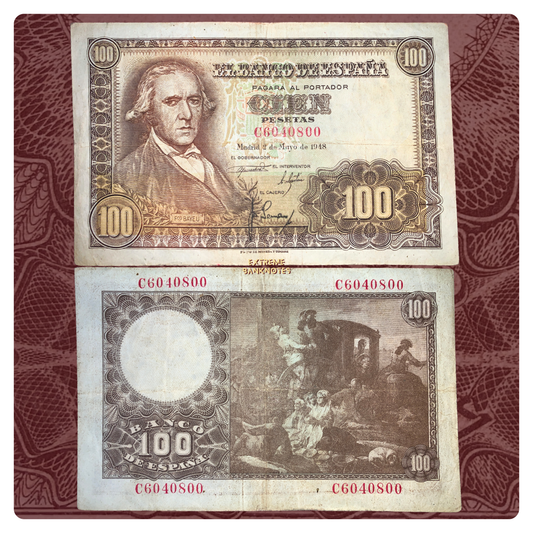 front and back of Spain 100 Pesetas 1948 P-137 F collectible vintage banknote