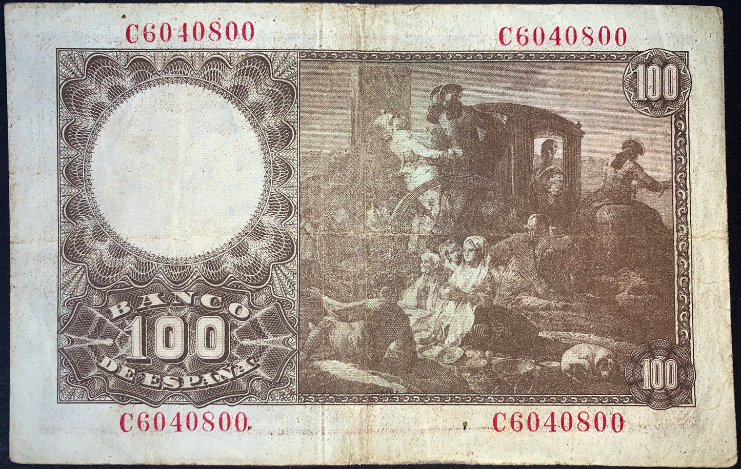 back of Spain 100 Pesetas 1948 P-137 F collectible vintage currency featuring  tapestry design “El Cacharrero” by Goya