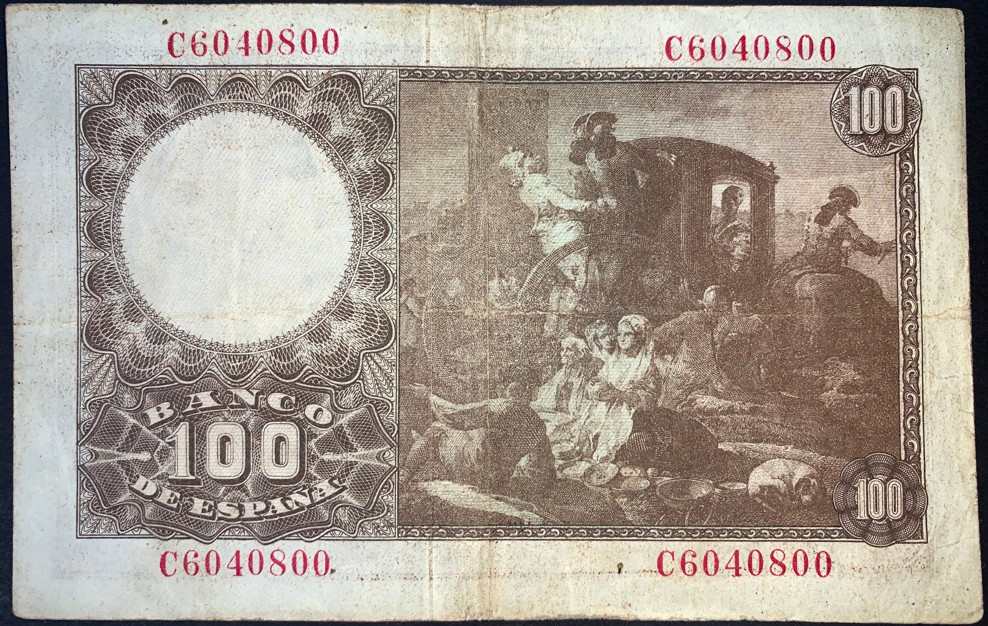 back of Spain 100 Pesetas 1948 P-137 F collectible vintage currency featuring  tapestry design “El Cacharrero” by Goya