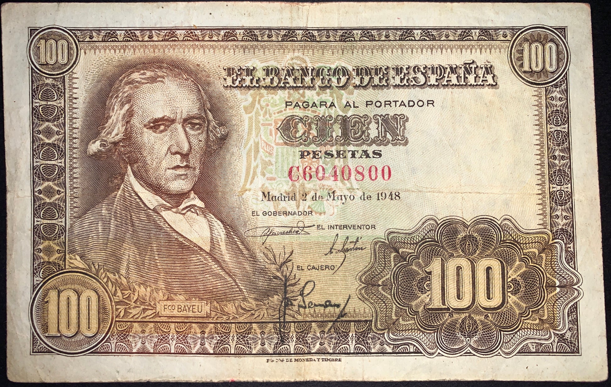 front of Spain 100 Pesetas 1948 P-137 F collectible vintage banknote with portrait of Francisco Bayeu