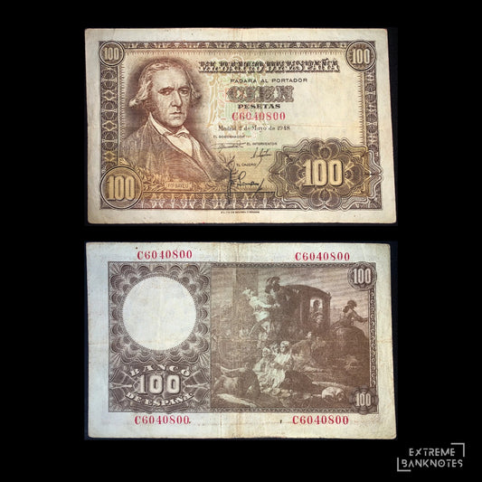 front and back of Spain 100 Pesetas 1948 P-137 F collectible vintage banknote