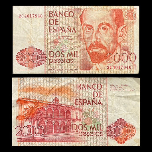 Spain 2000 Pesetas 1980 P-159 VF banknote – front with poet Juan Ramón Jiménez, back with Moguer town hall and his handwritten verse