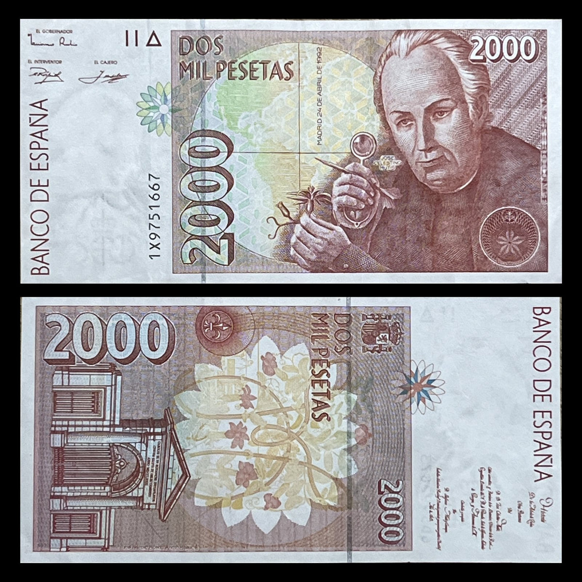 Spain 2000 Pesetas 1992 P-164 VF banknote – front with botanist José Celestino Mutis and his magnifying glass, back with the Royal Botanical Garden gate in Madrid