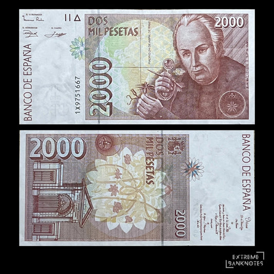 Spain 2000 Pesetas 1992 P-164 VF banknote – front with botanist José Celestino Mutis and his magnifying glass, back with the Royal Botanical Garden gate in Madrid