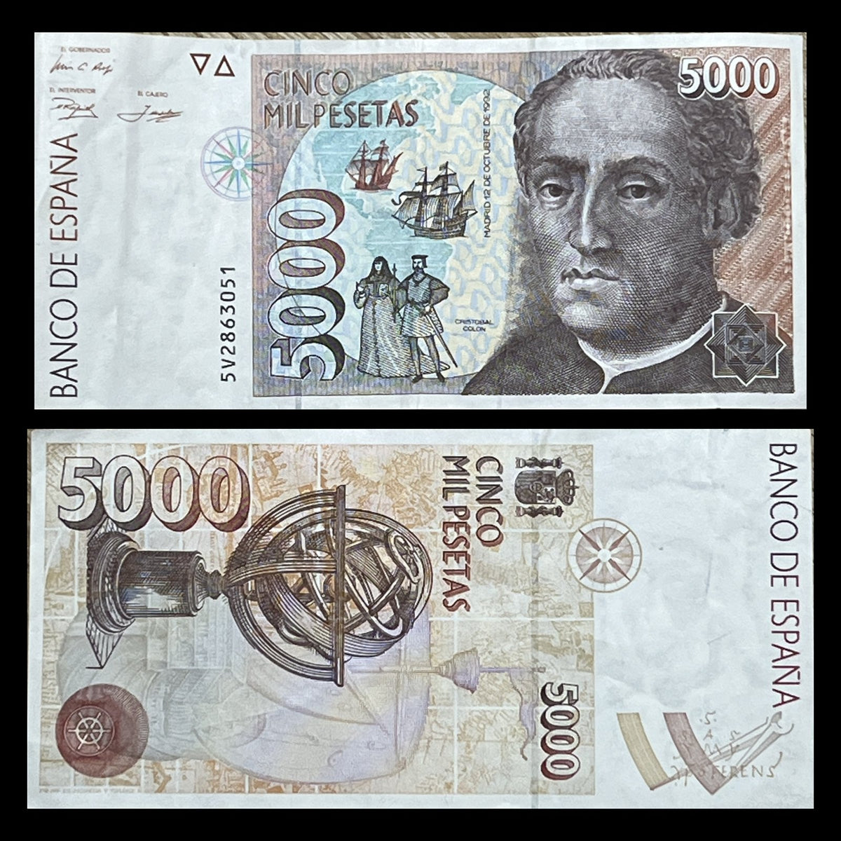 Spain 5000 Pesetas 1992 P-165 VF banknote – front with Christopher Columbus and caravels, back with an armillary sphere