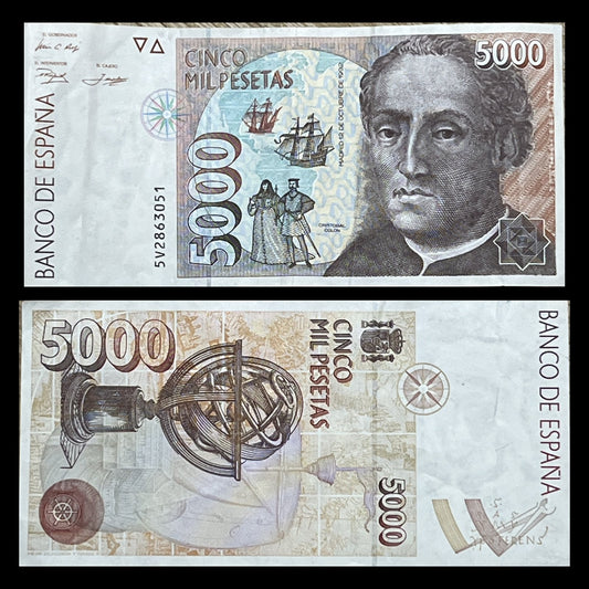 Spain 5000 Pesetas 1992 P-165 VF banknote – front with Christopher Columbus and caravels, back with an armillary sphere