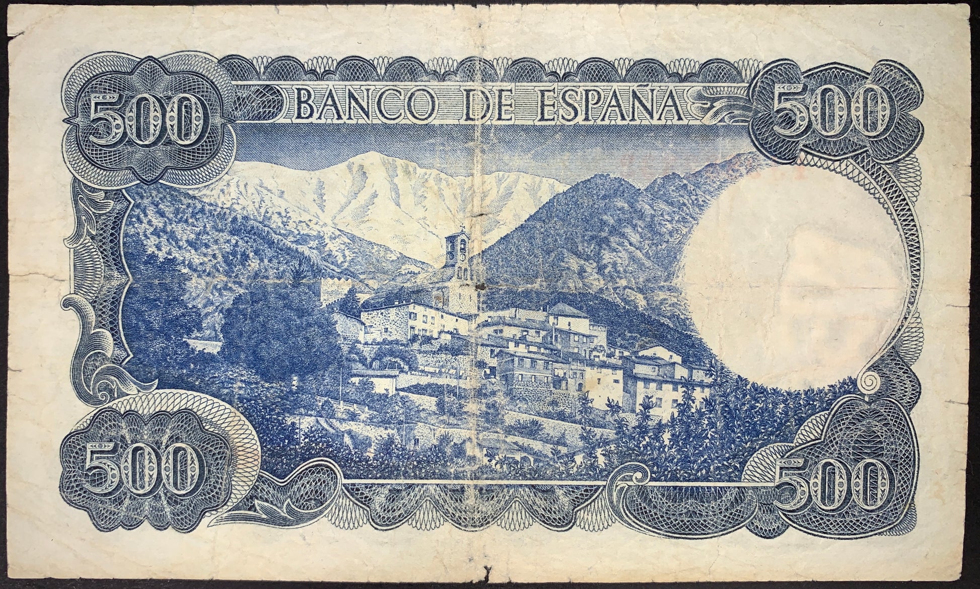 back of Spain 500 Pesetas 1971 P-153 VF collectible vintage banknote with View of Vernet-les-Bains and the Canigó in the Pyrenees