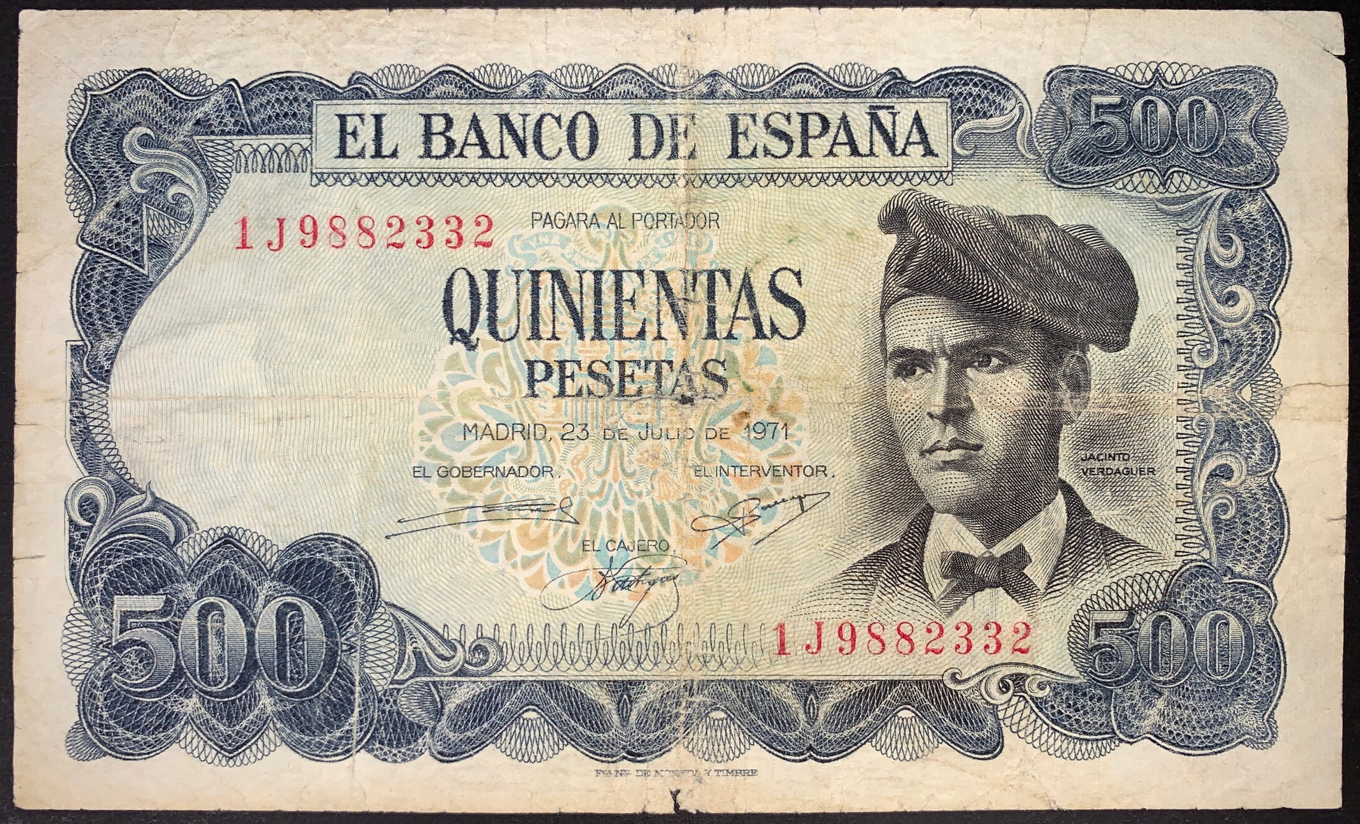 front of Spain 500 Pesetas 1971 P-153 VF collectible vintage banknote with portrait of Jacinto Verdaguer