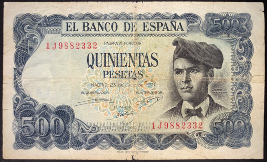 front of Spain 500 Pesetas 1971 P-153 VF collectible vintage banknote with portrait of Jacinto Verdaguer