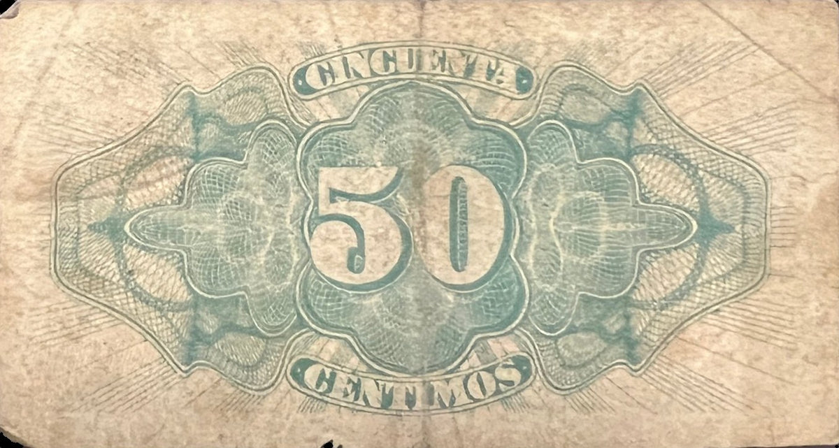 Back view of a 1937 Spain 50 Céntimos banknote showing a large 50 in a green ornamental frame.