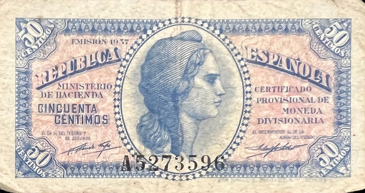 Front view of a fine 1937 Spain 50 Céntimos banknote featuring the allegorical head of the Spanish Republic.