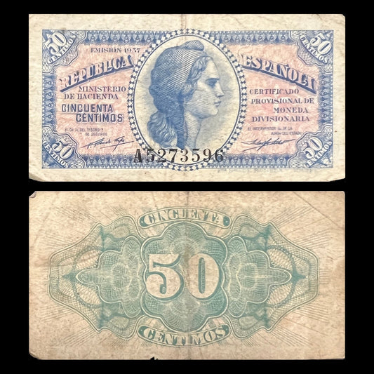 Spain 50 Céntimos 1937 P-93 F banknote – front with the allegory of the Spanish Republic, back with a large 50