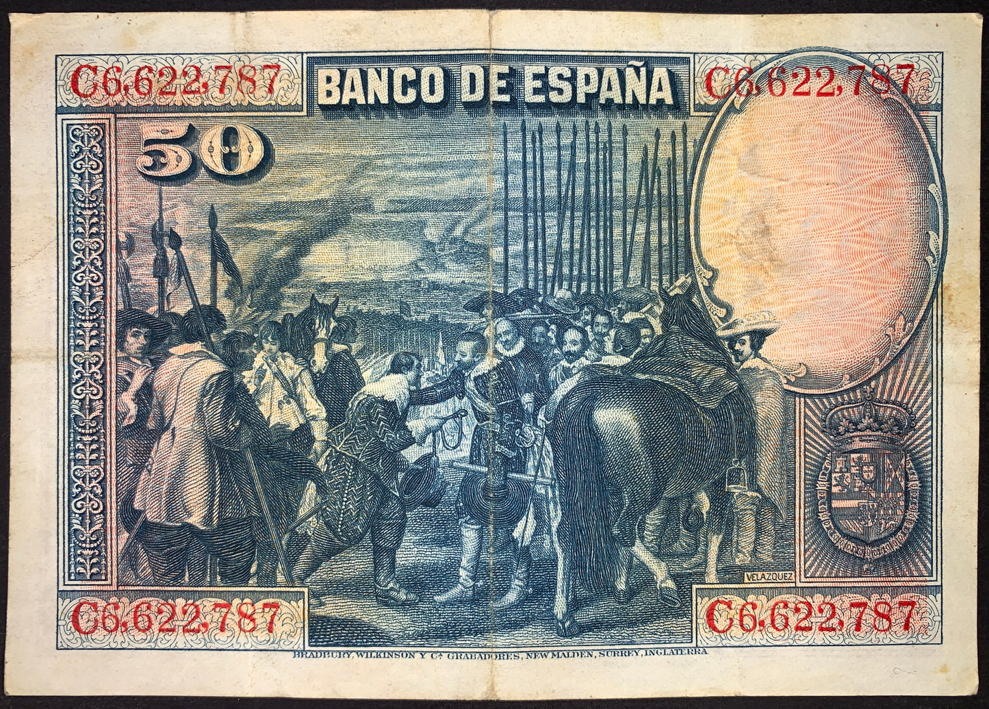 Reverse of Spain 50 Pesetas 1928 banknote (P-75) showing a historical military and diplomatic scene based on artwork associated with Velázquez. Finely engraved blue and red design featuring soldiers, horses, and period costumes.